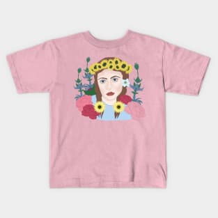 Girl with blue eyes with sunflowers and peonies Kids T-Shirt
